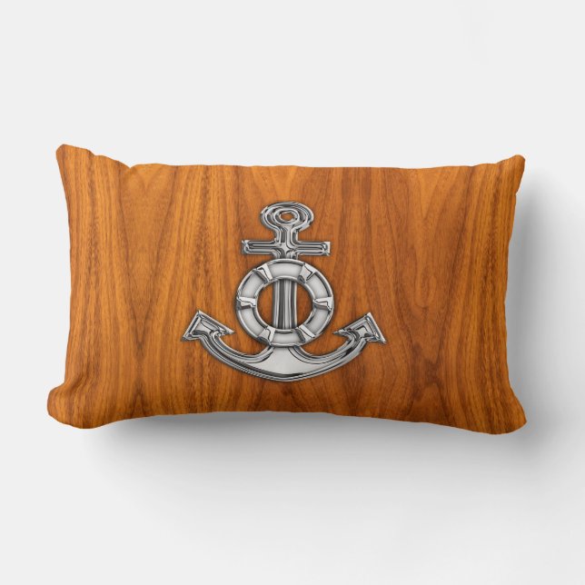 Lifesaver Chrome Like Anchor on Teak Veneer Lumbar Pillow (Front)