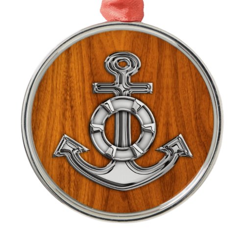 Lifesaver Chrome Like Anchor on Teak Veneer Metal Ornament