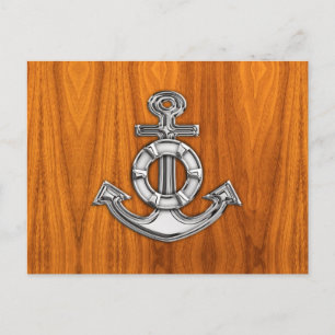 Lifesaver Chrome Like Anchor on Teak Veneer Postcard