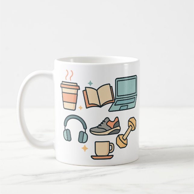 Lifestyle Icons Mug – Coffee, Study, Fitness & Wor (Left)