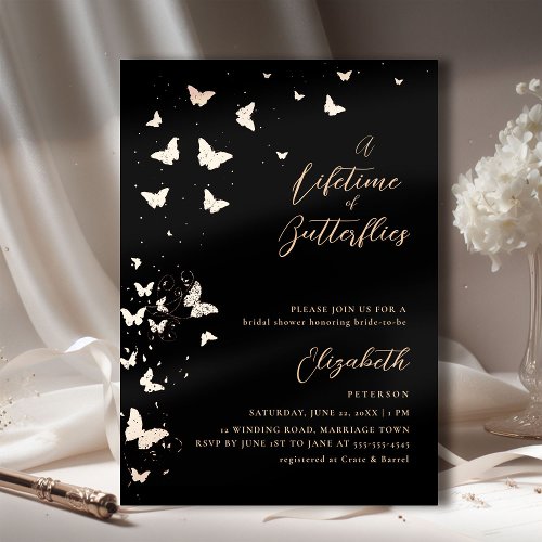 Lifetime Butterflies Black Rose Gold Bridal Shower Foil Invitation