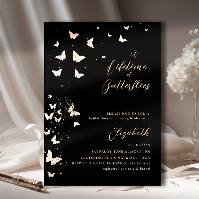 Lifetime Butterflies Black Rose Gold Bridal Shower Foil Invitation (a lifetime of butterflies bridal shower invitation black gold romantic elegant boho chic modern )