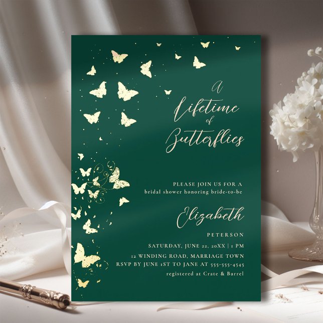 Lifetime Butterflies Emerald Gold Bridal Shower Foil Invitation (a lifetime of butterflies bridal shower invitation emerald gold romantic elegant boho chic modern)