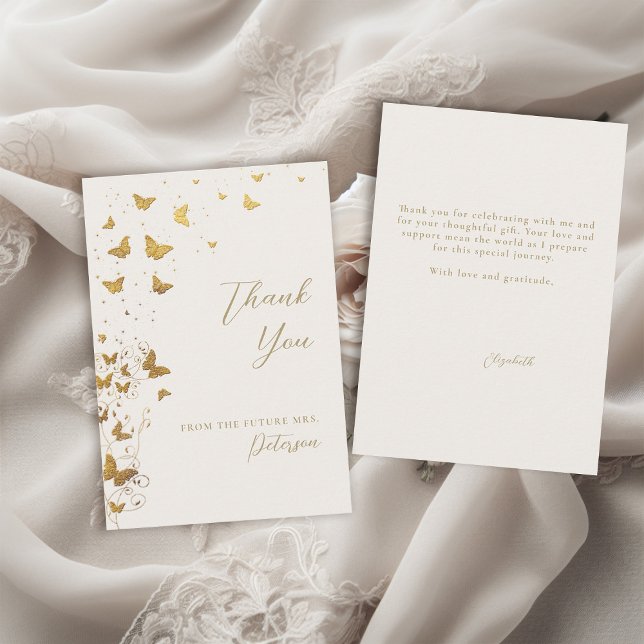 Lifetime Butterflies Ivory Gold Chic Bridal Shower Thank You Card (butterflies bridal shower thank you card garden vines sprinkle lifetime romantic gold ivory elegant )