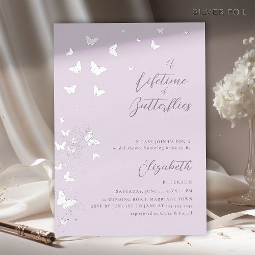 Lifetime Butterflies Lilac Silver Bridal Shower Foil Invitation