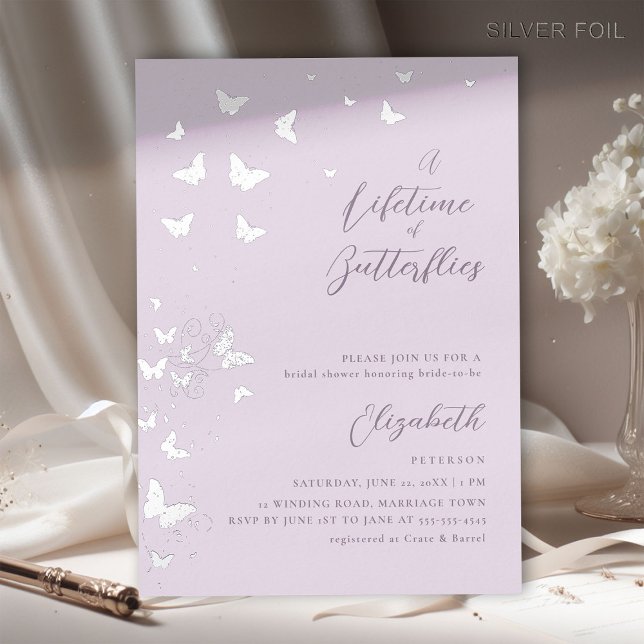 Lifetime Butterflies Lilac Silver Bridal Shower Foil Invitation (a lifetime of butterflies bridal shower invitation lilac silver foil elegant whimsical modern classy)
