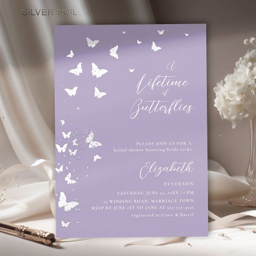 Lifetime Butterflies Modern Lilac Bridal Shower Foil Invitation