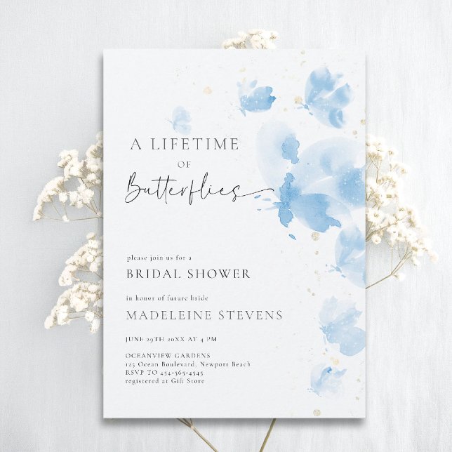 Lifetime Butterflies Romantic Blue Bridal Shower Invitation (butterflies theme bridal shower invitation whimsical watercolor romantic dreamy something blue)