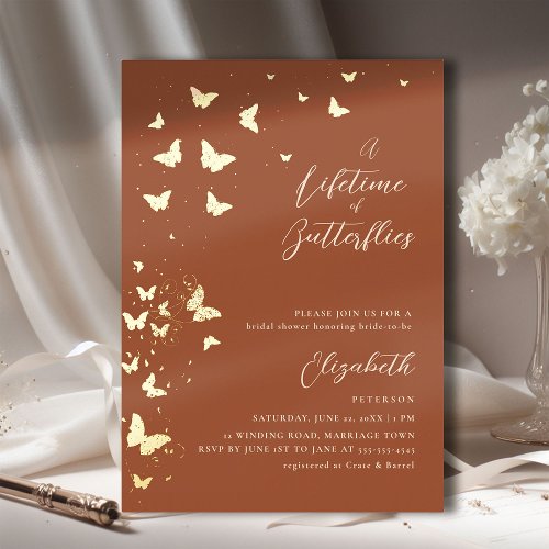 Lifetime Butterflies Terracotta Gold Bridal Shower Foil Invitation