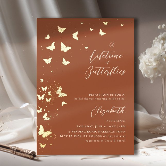 Lifetime Butterflies Terracotta Gold Bridal Shower Foil Invitation (a lifetime of butterflies bridal shower invitation terracotta gold romantic elegant boho chic modern)