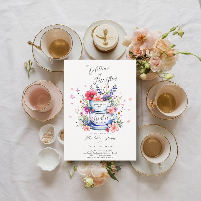 Lifetime Butterflies Wild Garden Tea Bridal Shower Invitation (bridal garden tea party invitation lifetime of butterflies wildflowers tea set elegant boho romantic)