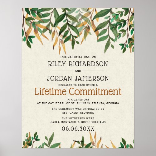 Lifetime Commitment Greenery Wedding Certificate Poster