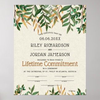 "Lifetime Commitment" Greenery Wedding Certificate Poster