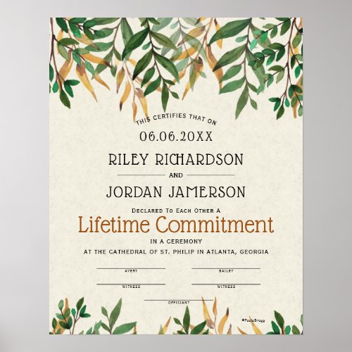 Lifetime Commitment Greenery Wedding Certificate Poster