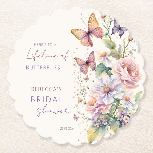 Lifetime of butterflies bridal shower favors paper coaster (Front)