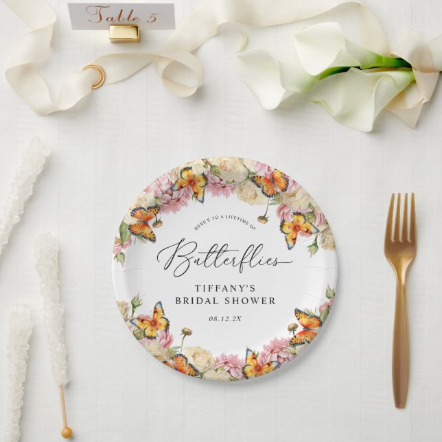 Lifetime of Butterflies Peonies Bridal Shower Paper Plates (Wedding)