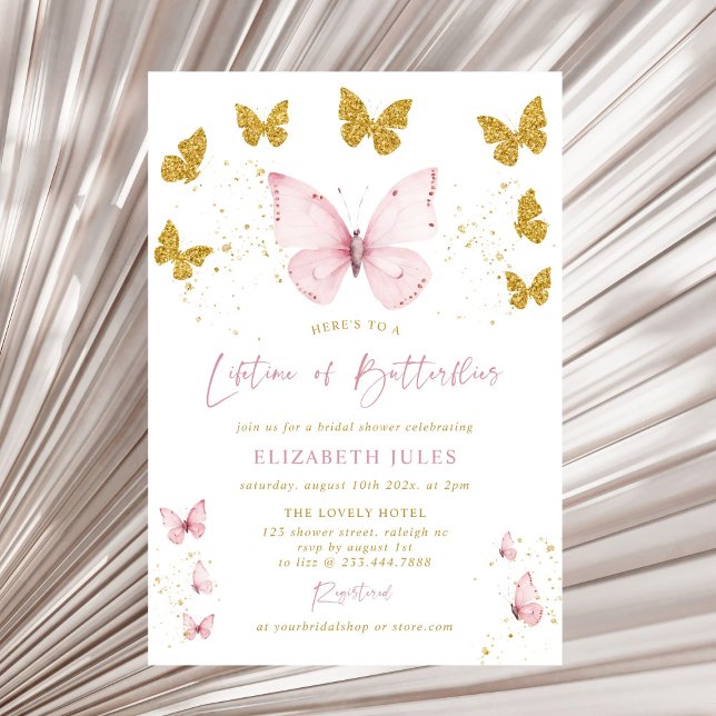 Lifetime of Butterflies Pink Gold Bridal Shower Invitation (Creator Uploaded)