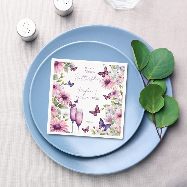 Lifetime of butterflies purple bridal shower napkins (To a Lifetime of butterflies purple pink bridal shower monogram printed napkins custom table decor)