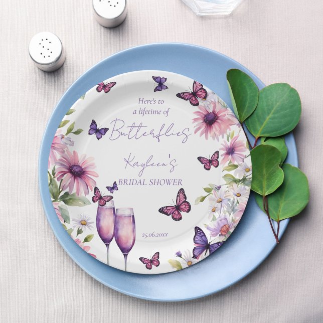 Lifetime of butterflies purple bridal shower paper plates (Lifetime of butterflies purple pink daisies champagne bridal shower printed paper plates table decor)