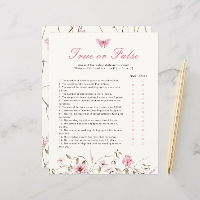 Lifetime of  Butterflies True or False Bridal Game (Front/Back In Situ)