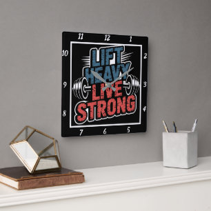 Lift Heavy Live Strong Barbell Square Wall Clock