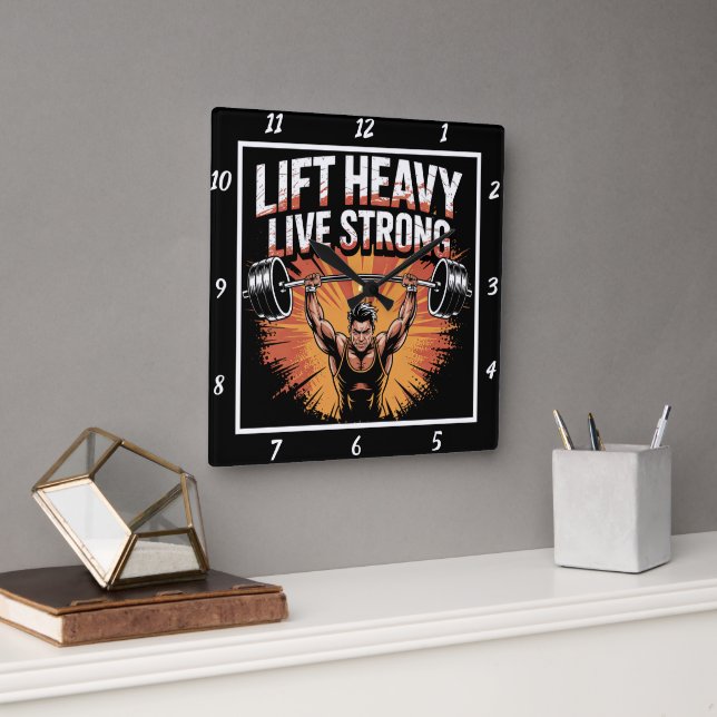 Lift Heavy Live Strong Barbell Square Wall Clock (Office)