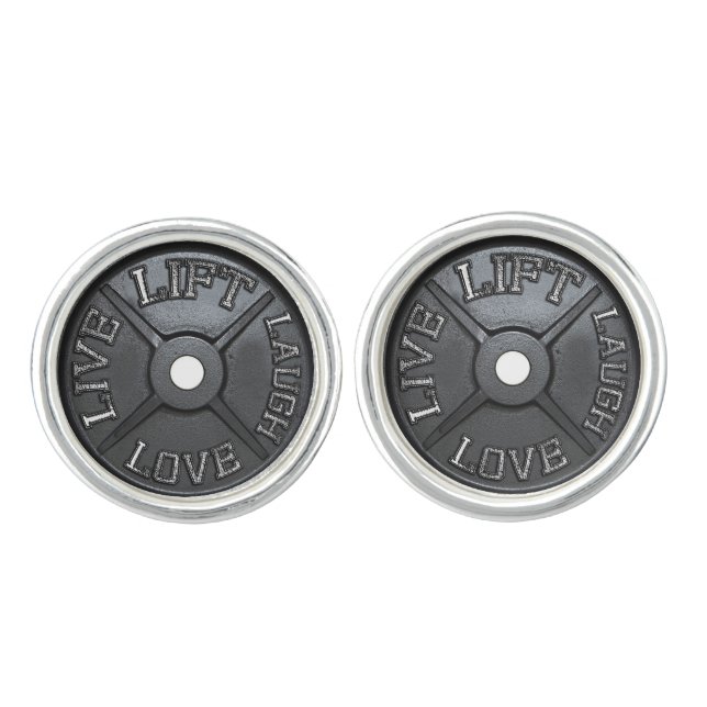 Lift, Live, Love, Laugh - Barbell Plate Cufflink (Front)
