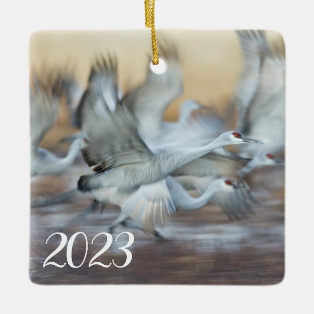 Lift off of Sandhill Cranes  Ceramic Ornament (Front)