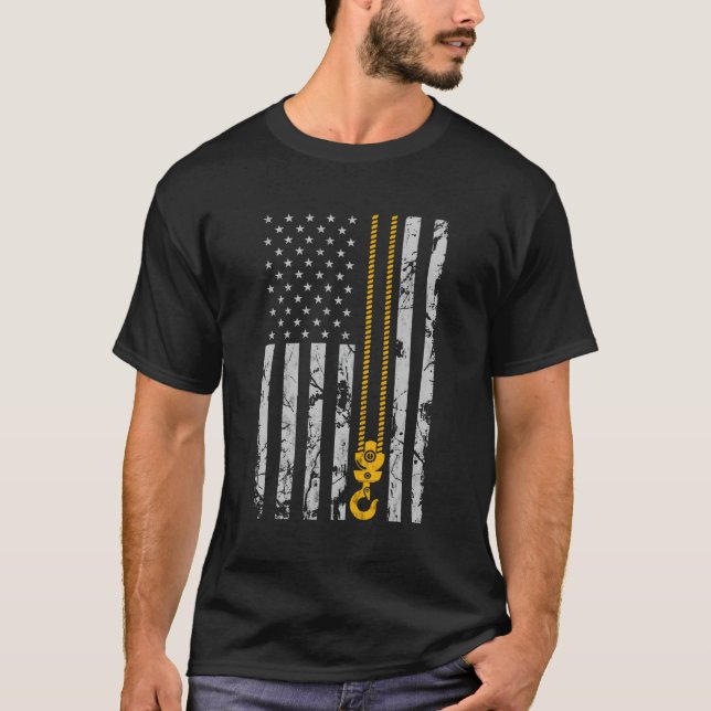 Lifting Hook Thin American Flag Crane Operator T-Shirt (Front)