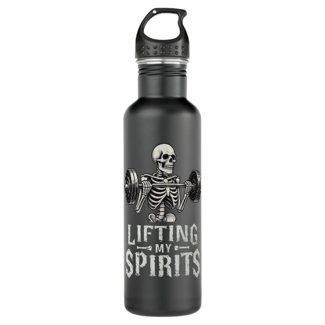 Lifting My Spirits Bodybuilding Skeleton Funny Gym Stainless Steel Water Bottle (Front)