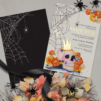 Light Academia Floral Halloween Skull Crown Spider Foil Invitation