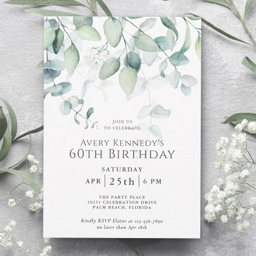 Light Airy Eucalyptus 60th Birthday Party Invitation