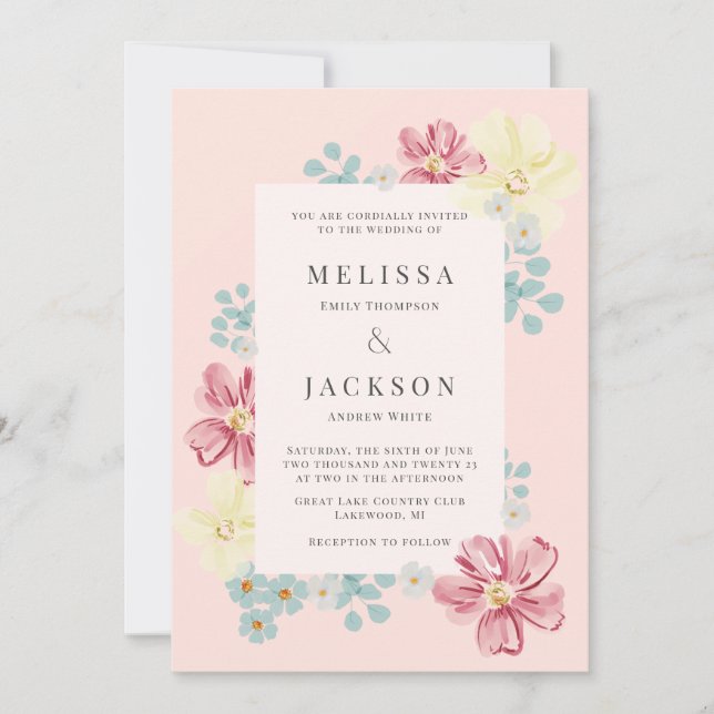 Light and bright Blush Flower Wedding Invitation (Front)