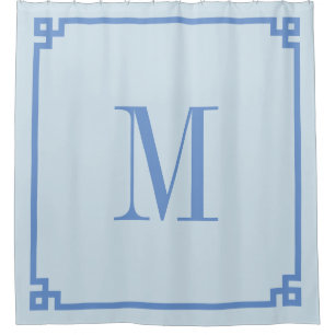 Light and Cornflower Blue Key Border Monogram Shower Curtain