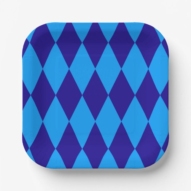 Light and Dark Blue Harlequin Diamonds Checkers  Paper Plates (Front)