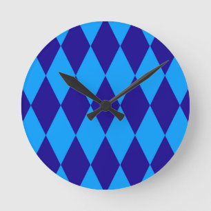 Light and Dark Blue Harlequin Diamonds Checkers Round Clock