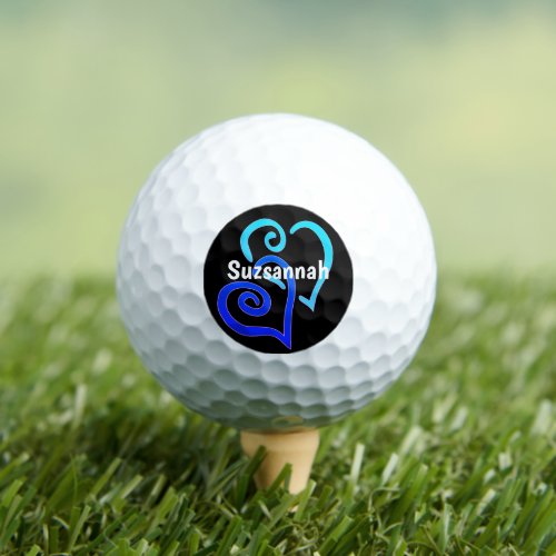 Light and Dark Blue Linked Hearts Name Custom Golf Balls