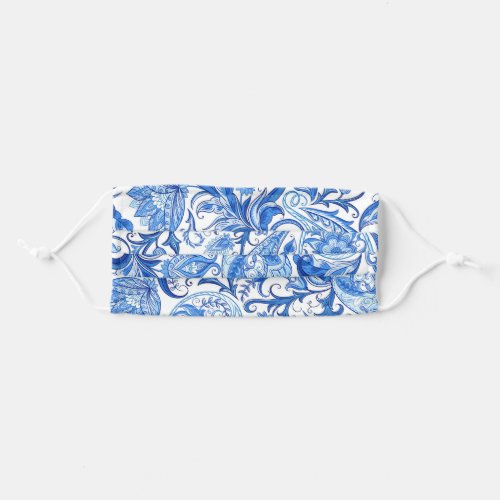Light And Dark Blue White Floral Paisley Adult Cloth Face Mask