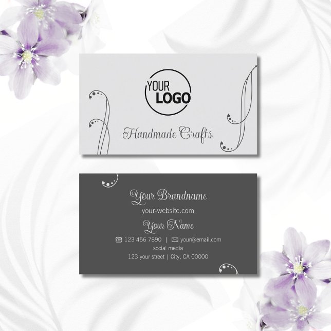 Light and Dark Gray Ornamental with Logo Ornate Business Card (Creator Uploaded)