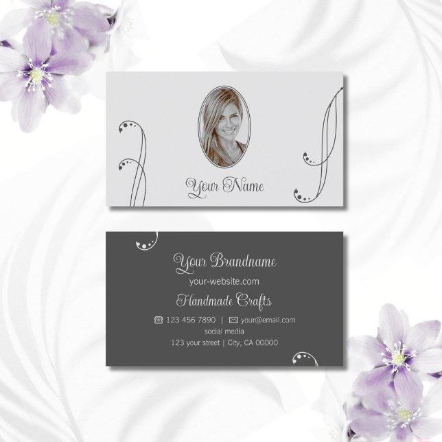 Light and Dark Gray Ornate with Portrait Photo Business Card (Creator Uploaded)