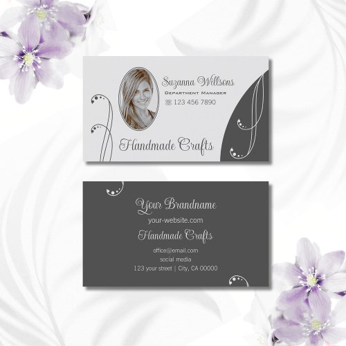 Light and Dark Gray with Portrait Photo Ornate Business Card