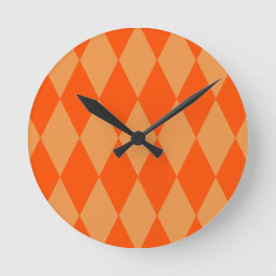 Light and Dark Orange Harlequin Diamonds Checkers Round Clock