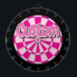 Light and Dark Pink, Black, White Edge Text Custom Dart Board<br><div class="desc">Pink and Black Colored with White and Black Outlined Pink Text Custom Dartboard Including 6 Brass Darts</div>