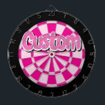 Light and Dark Pink, Black, White Edge Text Custom Dart Board<br><div class="desc">Pink and Black Colored with White and Black Outlined Pink Text Custom Dartboard Including 6 Brass Darts</div>