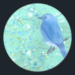 Light and delicate bluebird classic round sticker<br><div class="desc">A beautifully rendered bluebird on a spring teal and green background on your favorite products</div>