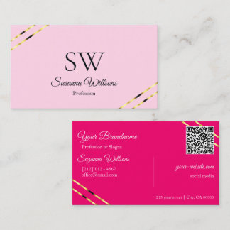 Light and Hot Pink Gold Lines Monogram QR Code Business Card