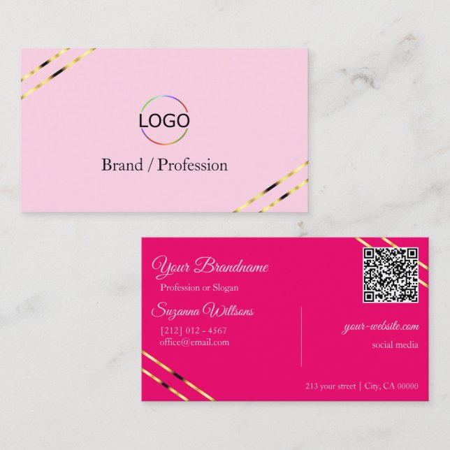 Light and Hot Pink Gold Lines with Logo QR Code Business Card (Front/Back)