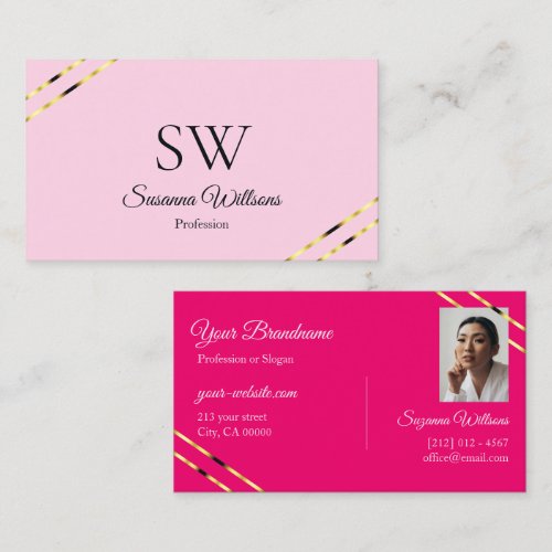 Light and Hot Pink Gold Lines with Monogram Photo Business Card