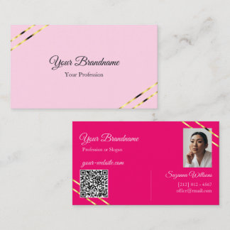 Light and Hot Pink Gold Lines with Photo QR Code Business Card