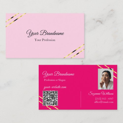 Light and Hot Pink Gold Lines with Photo QR Code Business Card